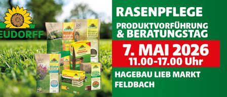 Eine Werbung für Rasenpflegeprodukte mit Datum und Ort. Die Produkte sind auf einem grünen Hintergrund zu sehen.