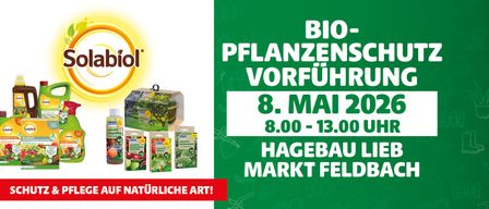 Werbung für Bio-Pflanzenöl am 8. Mai von 8:00 bis 13:00 im Hagebau-Markt. Mit verschiedenen verpackten Produkten.