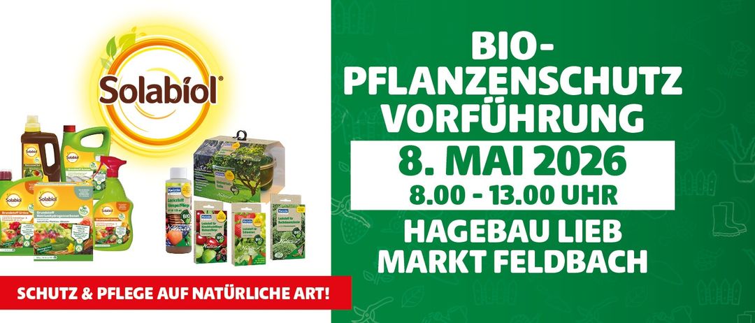 Werbung für Bio-Pflanzenöl am 8. Mai von 8:00 bis 13:00 im Hagebau-Markt. Mit verschiedenen verpackten Produkten.