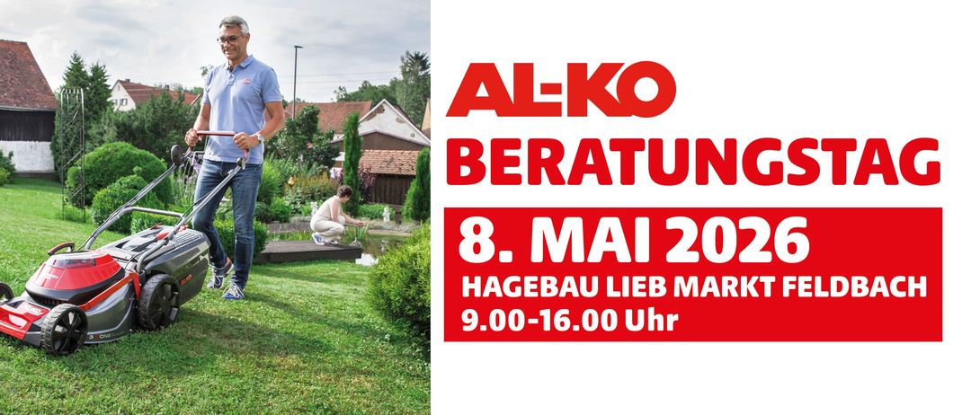 Ein Werbebild für AL-KO mit einer Person, die in der Nähe eines Teiches gärtnert, und Datum und Uhrzeit für eine Veranstaltung.