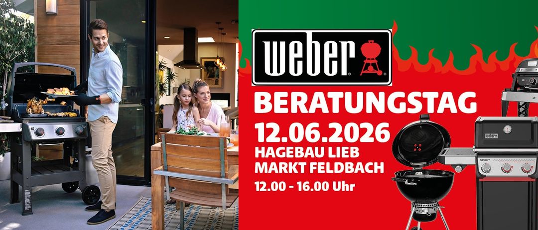 Weber Grillberatung bei Hagebau Lieb Markt Feldbach am 12.06.2026 von 12:00 bis 16:00 Uhr. Zwei Frauen sitzen an einem Tisch mit Essen und Getränken.