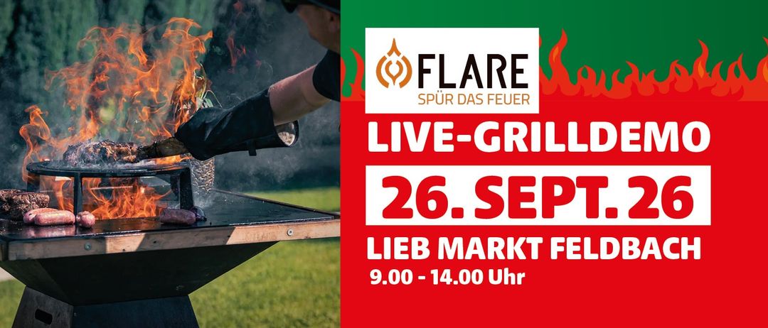 Eine Person grillt auf einem Grill mit Feuer und Rauch, mit einem Logo für Flare und dem Datum 26. September.