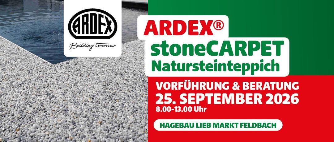 Werbung für Ardex stoneCARR Natursteinteppich mit Kieshintergrund, Datum und Uhrzeit.