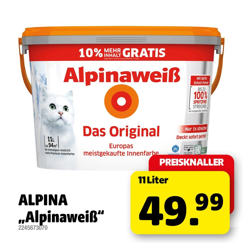 A bucket of Alpinaweiss paint, 11 liters, with a white cat on the label. It's 10% more for free. Price is 49.99.