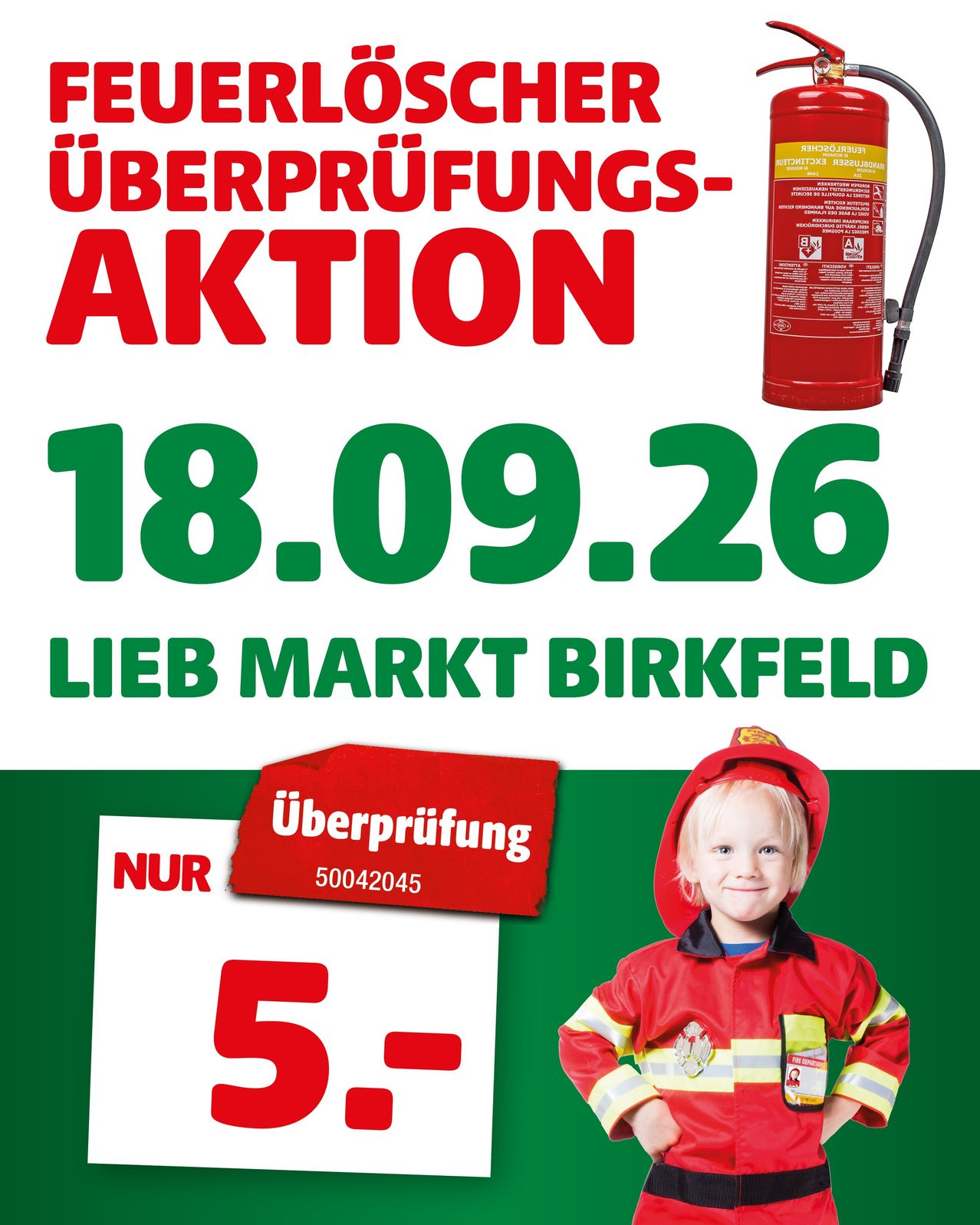 Plakat für eine Brandschutzüberprüfung am 18. September 2026 mit einem Kind in Feuerwehruniform und einem Feuerlöscher.