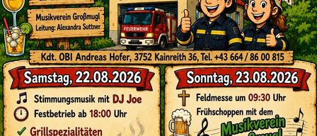 Plakat für das Freiwilligen Feuerwehr Kainreight Weinfest mit zwei Feuerwehrleuten, einem Feuerwehrauto und verschiedenen Aktivitäten wie Grillen, Musik und einer Feldmesse am 22. und 23. August 2026.