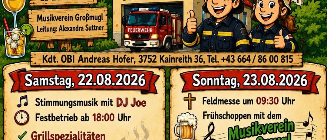Plakat für das Freiwilligen Feuerwehr Kainreight Weinfest mit zwei Feuerwehrleuten, einem Feuerwehrauto und verschiedenen Aktivitäten wie Grillen, Musik und einer Feldmesse am 22. und 23. August 2026.