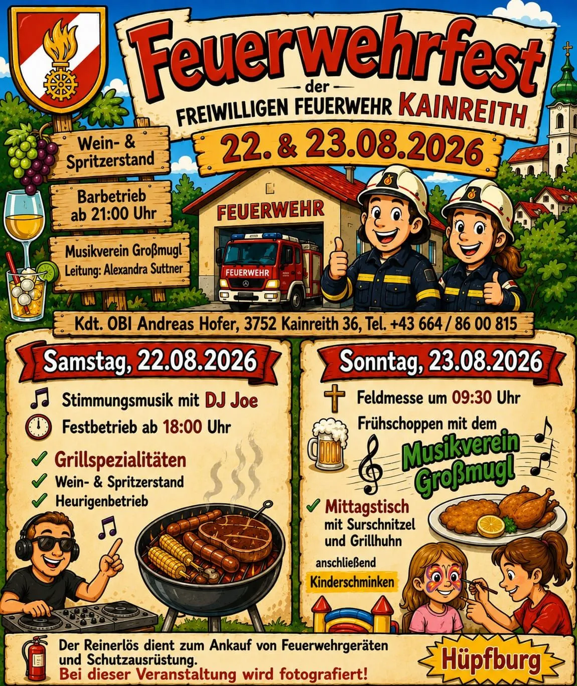 Plakat für den Wein- und Spritzerstand und das Grillevent der Freiwilligen Feuerwehr Kainreight am 22. und 23. August 2026. Es zeigt zwei Feuerwehrleute, ein Feuerwehrauto und ein Menü mit Grillspezialitäten, Wein und Spritzerstand.