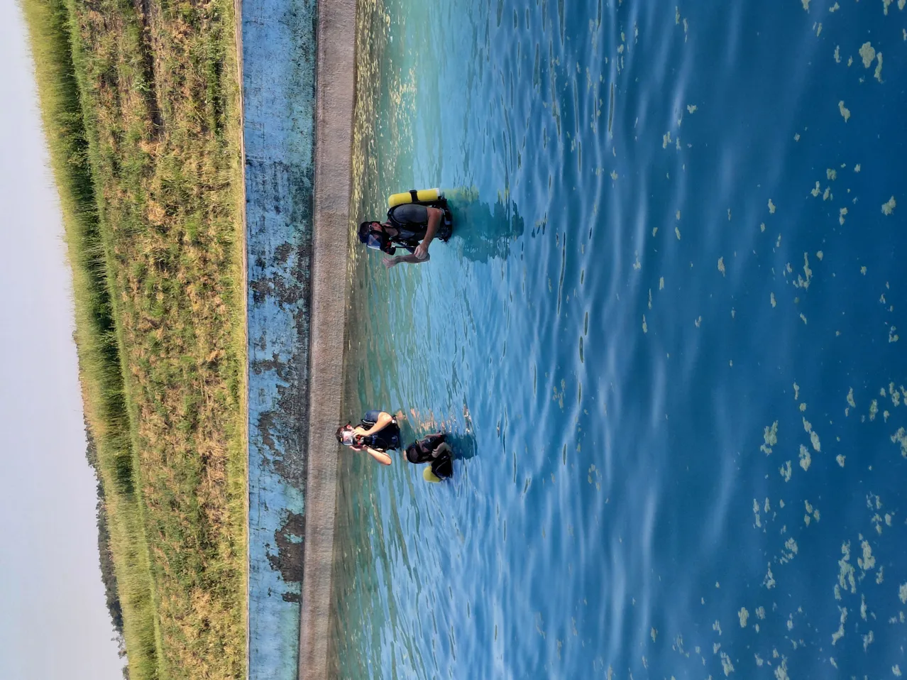 Drei Taucher schwimmen in klarem blauem Wasser in der Nähe einer Betonbarriere, einer mit einer Kamera und einem anderen mit einem gelben Tank.