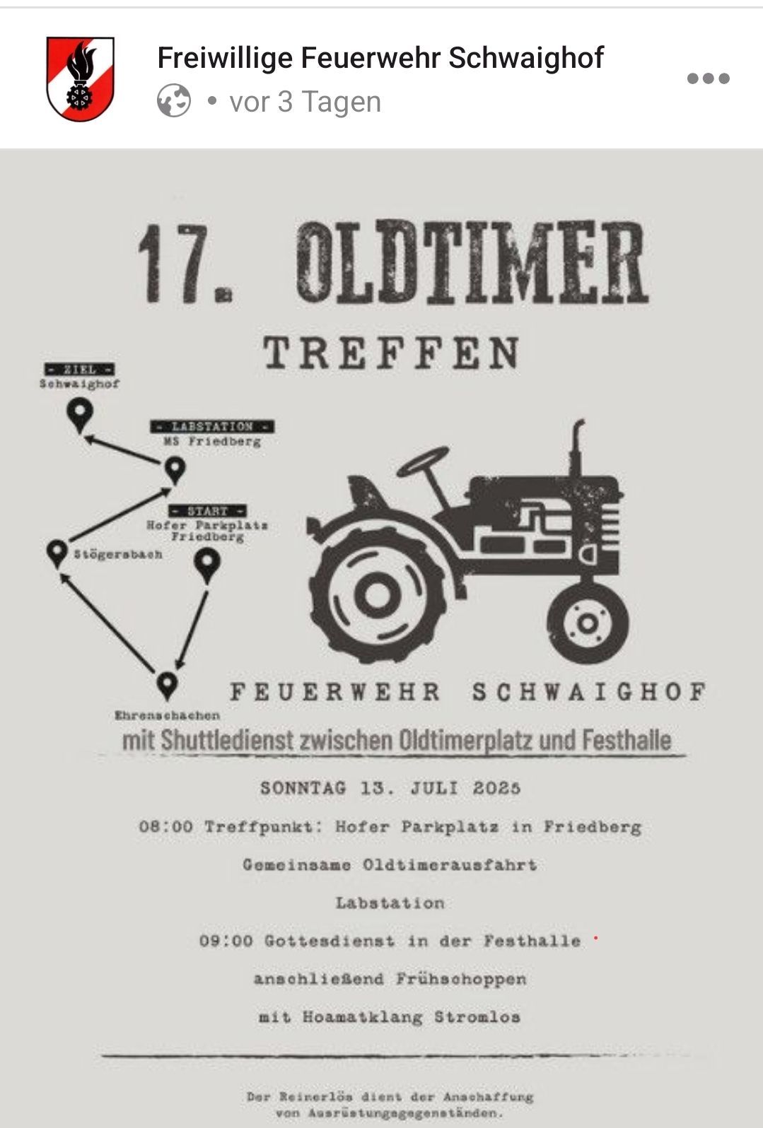 Ein Plakat für das 17. Oldtimer Treffen. Das Ereignis findet am 13. Juli 2025 statt. Der Treffpunkt ist der Hofer Parkplatz in Friedberg. Es gibt einen Shuttleservice zwischen dem Oldtimerplatz und der Festhalle. Der Treffpunkt ist um 8:00 Uhr morgens.