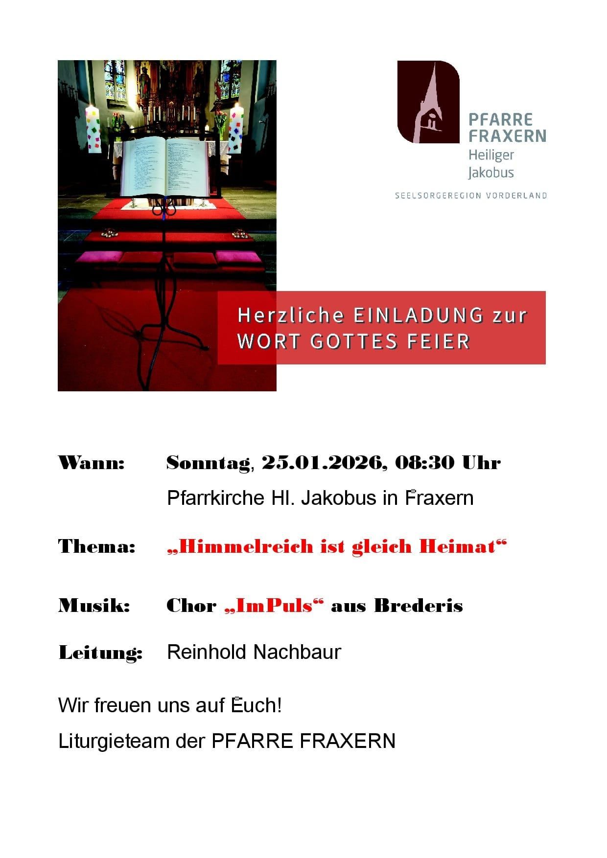 An open book on a red carpet in front of a church altar, with a choir named 'ImPuls' from Brederis performing at the event. The event is themed 'Himmelreich ist gleich Heimat'. The event is on Sunday, January 25, 2026, at 8:30 AM.