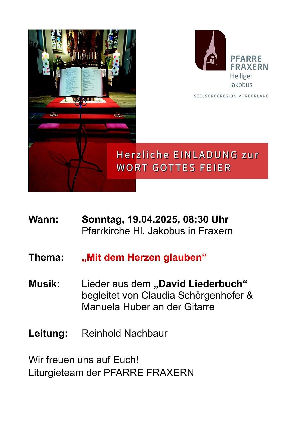An open book on a red carpet with a red banner above saying 'Herzliche Einladung zur WORT GOTTES FEIER'. Date and time for the event is April 19, 2025, at 08:30. The theme is 'With the heart believe'. The music will be led by Claudia Schörgenhofer and Manuela Huber.