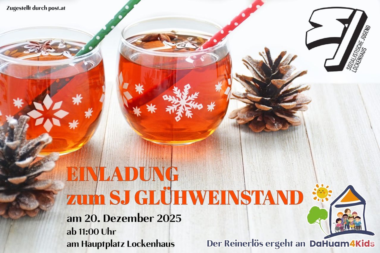 Zwei Gläser Tee mit sternförmigen Dekorationen, eine Tannenzapfen und ein Plakat für eine Veranstaltung am 20. Dezember 2025.