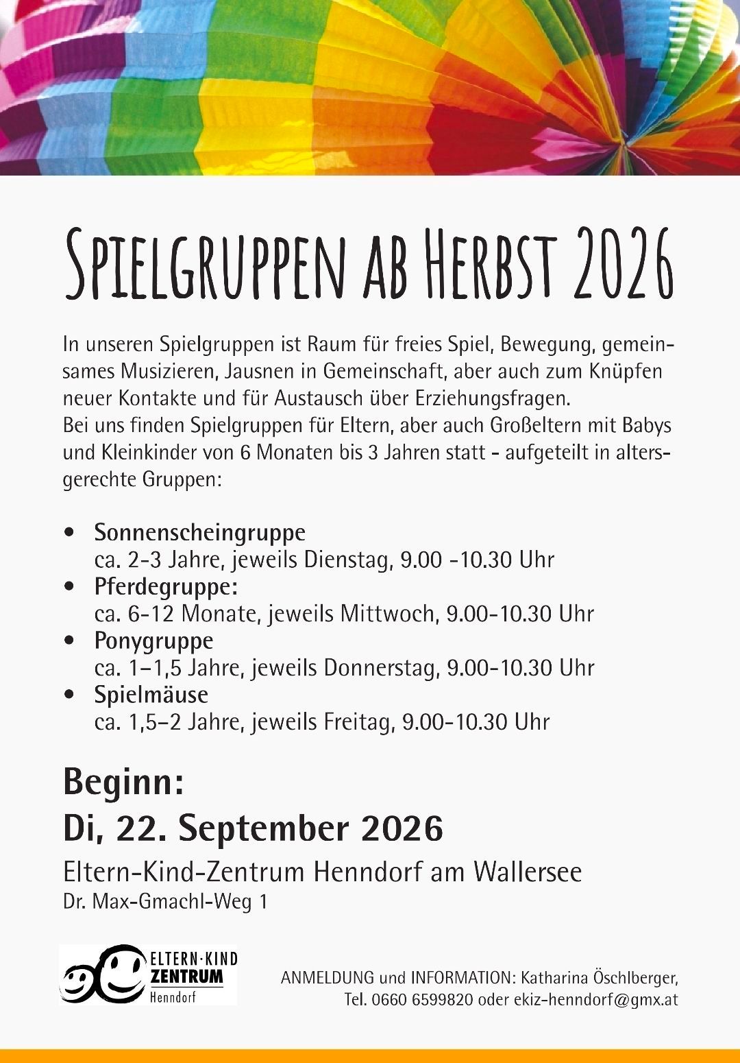 Plakat für Spielgruppen ab Herbst 2026. Details zu verschiedenen Spielgruppen für Kinder von 6 Monaten bis 3 Jahren. Daten und Zeiten sind aufgeführt.