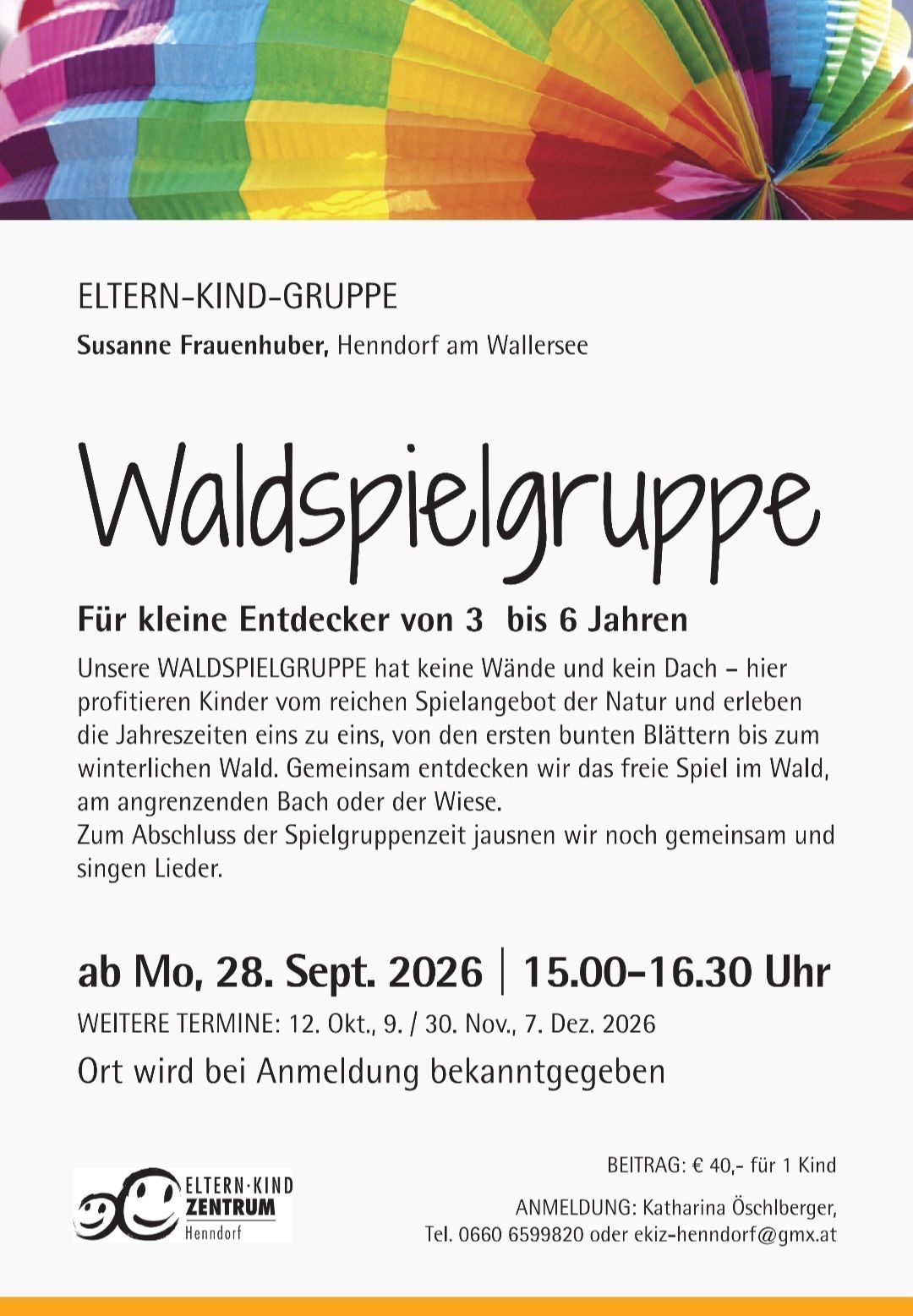 Poster for a forest playgroup for children aged 3 to 6, led by Susanne Frauenhuber in Henndorf am Wallersee. The group meets on September 28, 2026, from 3:00 PM to 4:30 PM, with additional dates in October, November, and December.