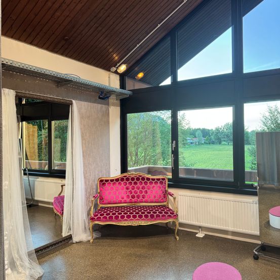 Ein modernes Zimmer mit einem rosa Samtsofa, großen Fenstern und Blick auf ein grünes Feld. Der Raum ist gut mit natürlichem Licht beleuchtet.