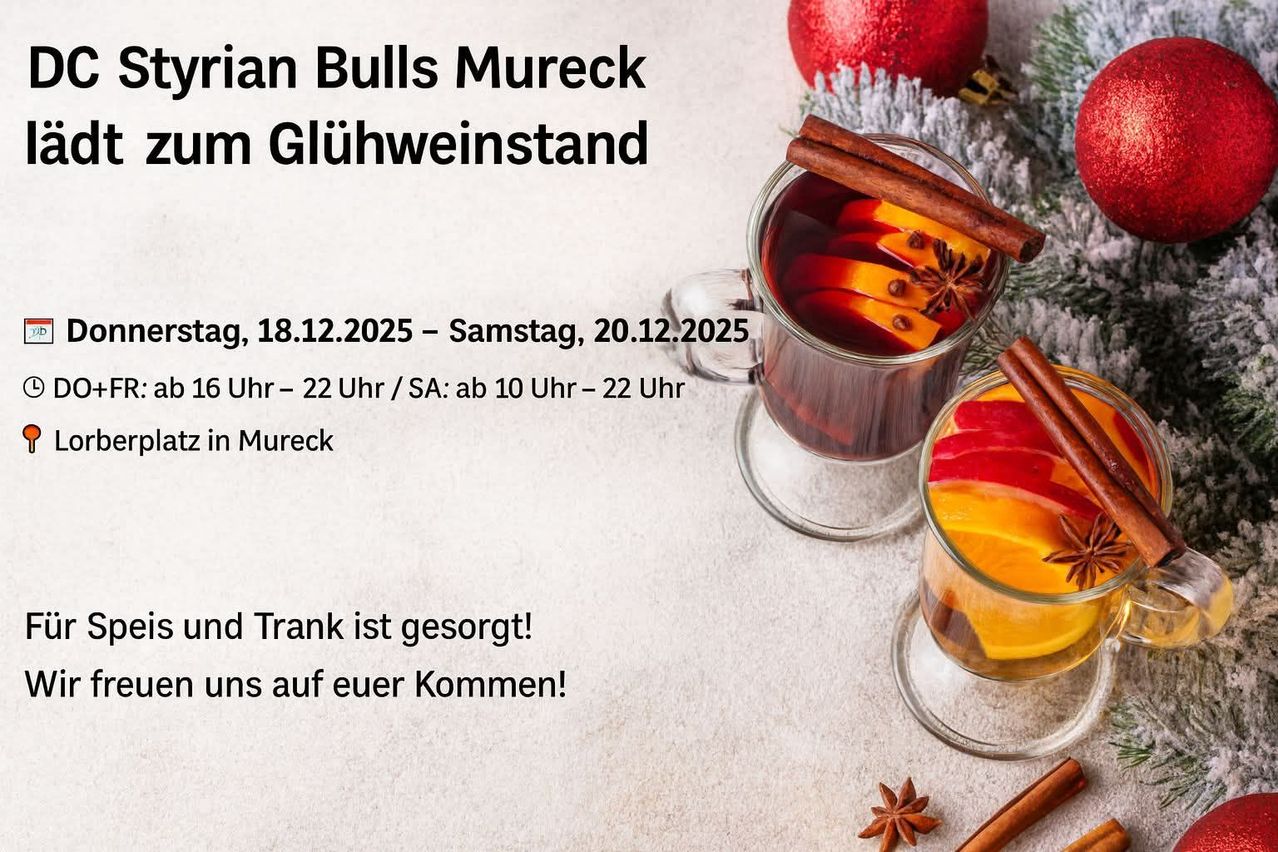 Ein Plakat für eine Feiertagsveranstaltung mit Glühwein. Daten: 18.12.2025 - 20.12.2025. Zeiten: 17 Uhr - 22 Uhr. Spezielle Veranstaltung am Samstag ab 10 Uhr. Der Text lautet 'und Trank ist bereit!' Einladung an alle zum Kommen.