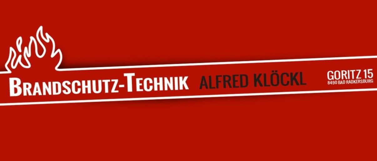Roter Hintergrund mit einem weißen Flammendesign und den Worten 'Brandschutz-Technik Alfred Klockl Gortz 15' in weißem Text.