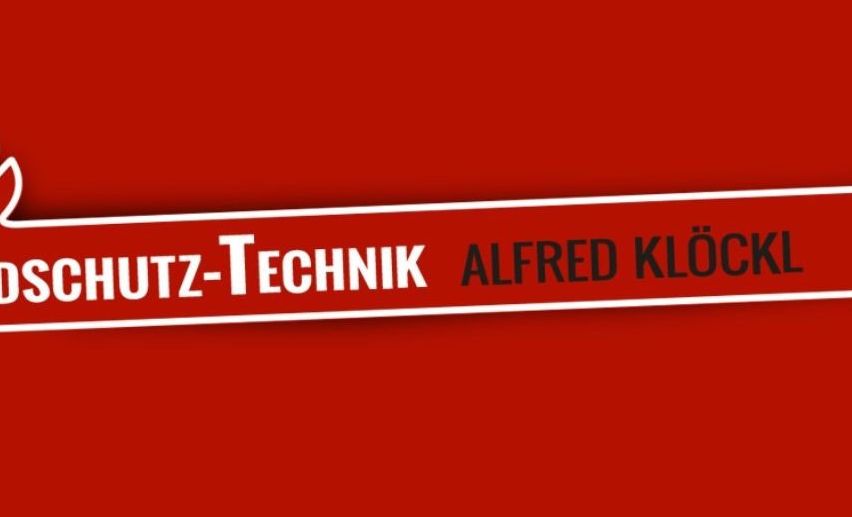 Roter Hintergrund mit einem weißen Flammendesign und den Worten 'Brandschutz-Technik Alfred Klockl Gortz 15' in weißem Text.