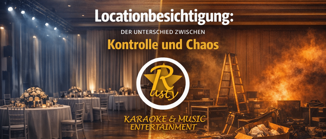 Ein Bild eines Bankettsaals mit zwei verschiedenen Umgebungen. Eine Seite ist organisiert, die andere chaotisch. Eine DJ-Anlage ist auf der linken Seite zu sehen.