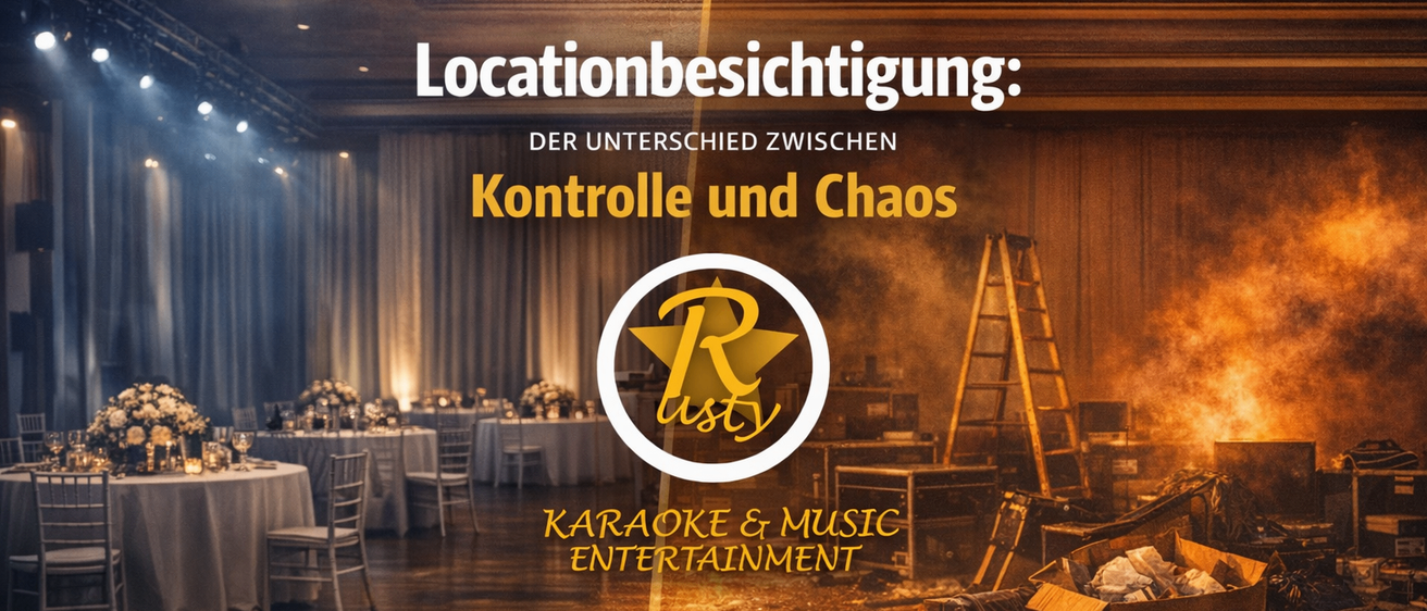 Ein Bild eines Bankettsaals mit zwei verschiedenen Umgebungen. Eine Seite ist organisiert, die andere chaotisch. Eine DJ-Anlage ist auf der linken Seite zu sehen.