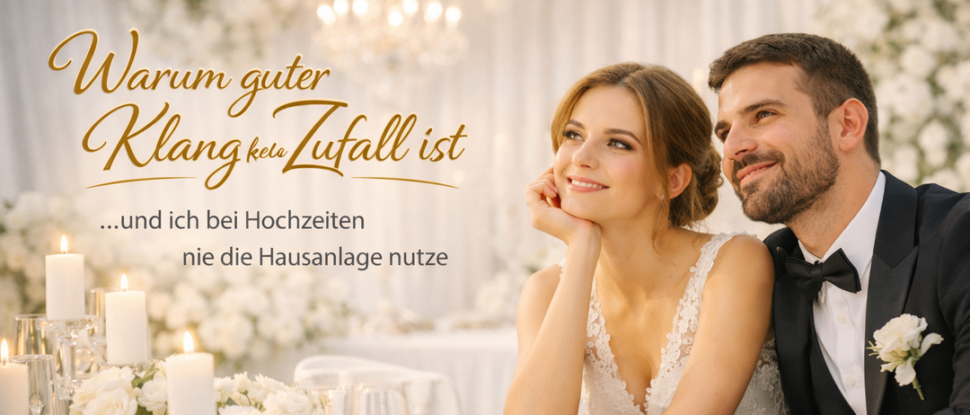 Ein Bräutigam und eine Braut sitzen an einem Tisch mit Tellern, Gläsern und einer Kerze und lächeln sich bei einer Hochzeitsfeier an.