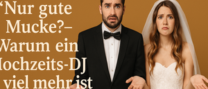 Ein Bräutigam und eine Braut stehen eng beieinander. Der Bräutigam sieht überrascht aus, und die Braut sieht unglücklich aus. Der Text lautet: Ist ein guter Zeit-DJ mehr?
