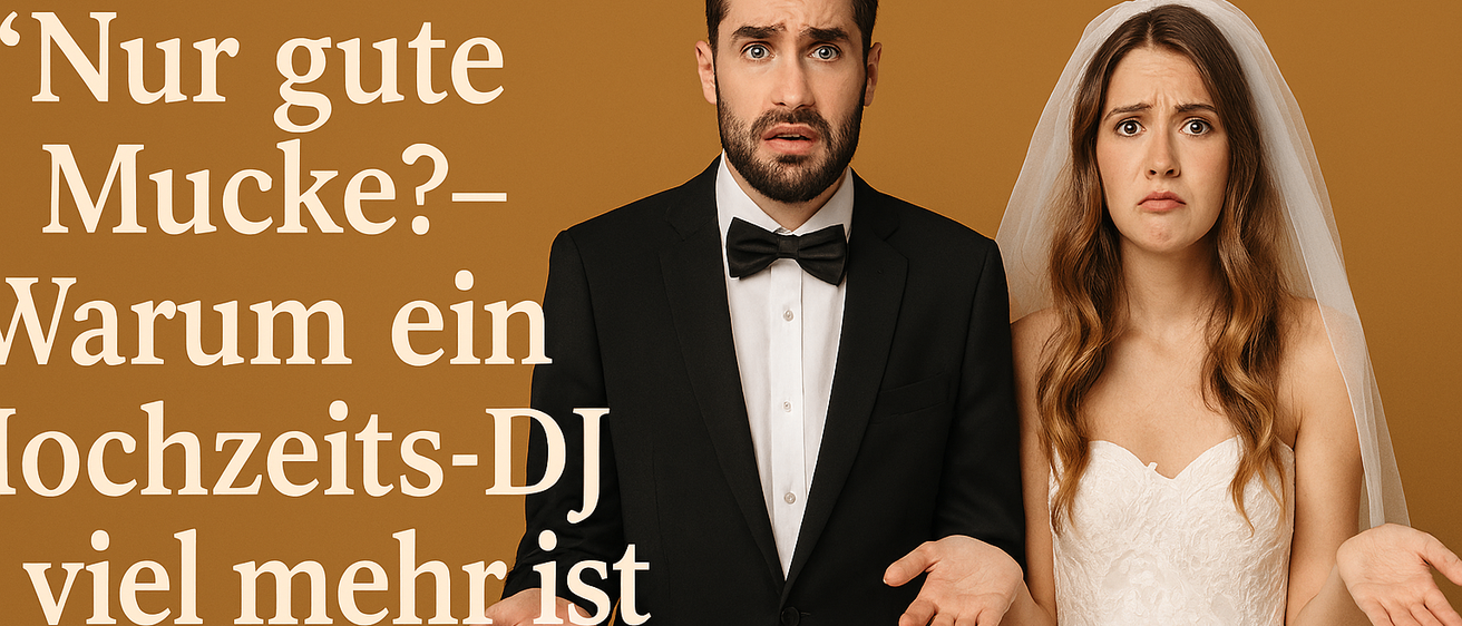 Ein Bräutigam und eine Braut stehen eng beieinander. Der Bräutigam sieht überrascht aus, und die Braut sieht unglücklich aus. Der Text lautet: Ist ein guter Zeit-DJ mehr?