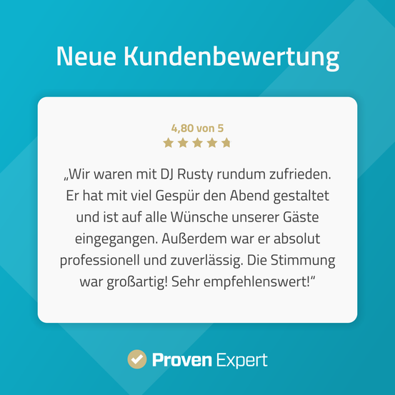 Neue Kundenbewertung. Wir waren mit DJ Rusty rundum zufrieden. Er hat mit viel Gespür den Abend gestaltet und ist auf alle Wünsche unserer Gäste eingegangen. Außerdem war er absolut professionell und zuverlässig. Die Stimmung war großartig! Sehr empfehlenswert!