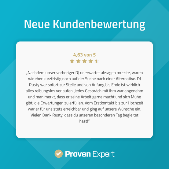 Nachdem unser vorheriger DJ unerwartet absagen musste, waren wir eher kurzfristig noch auf der Suche nach einer Alternative. DJ Rusty war sofort zur Stelle und von Anfang bis Ende ist wirklich alles reibungslos verlaufen. Jedes Gespräch mit ihm war angenehm und man merkt, dass er seine Arbeit gerne macht und sich Mühe gibt, die Erwartungen zu erfüllen. Vom Erstkontakt bis zur Hochzeit war er für uns stets erreichbar und ging auf unsere Wünsche ein. Vielen Dank Rusty, dass du unseren besonderen Tag begleitet hast!