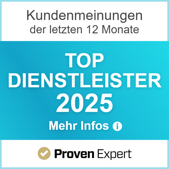Werbung für Top-Dienstleister für 2025. Blauer Hintergrund mit weißem Text. 'Kundenmeinungen der letzten 12 Monate' oben. Proven Expert Logo unten.