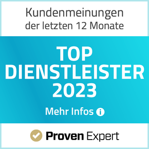 Blaues Banner, das 'Top Dienstleister 2023' bewirbt, unterstützt durch Kundenbewertungen der letzten 12 Monate. Enthält einen 'Mehr Infos'-Link und ein 'Proven Expert'-Häkchen.