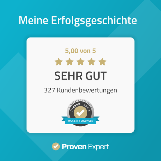 Eine Werbung für 'Meine Erfolgsgeschichte' mit einer Bewertung von 5,00 von 5 Sternen und 327 Kundenbewertungen. Es wird von 'Proven Expert' mit 100% Empfehlung empfohlen.