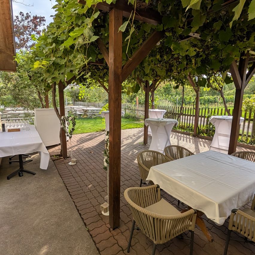 An outdoor dining area with tables and chairs under a wooden pergola covered in green vines. The setting is surrounded by a garden with a wooden fence.