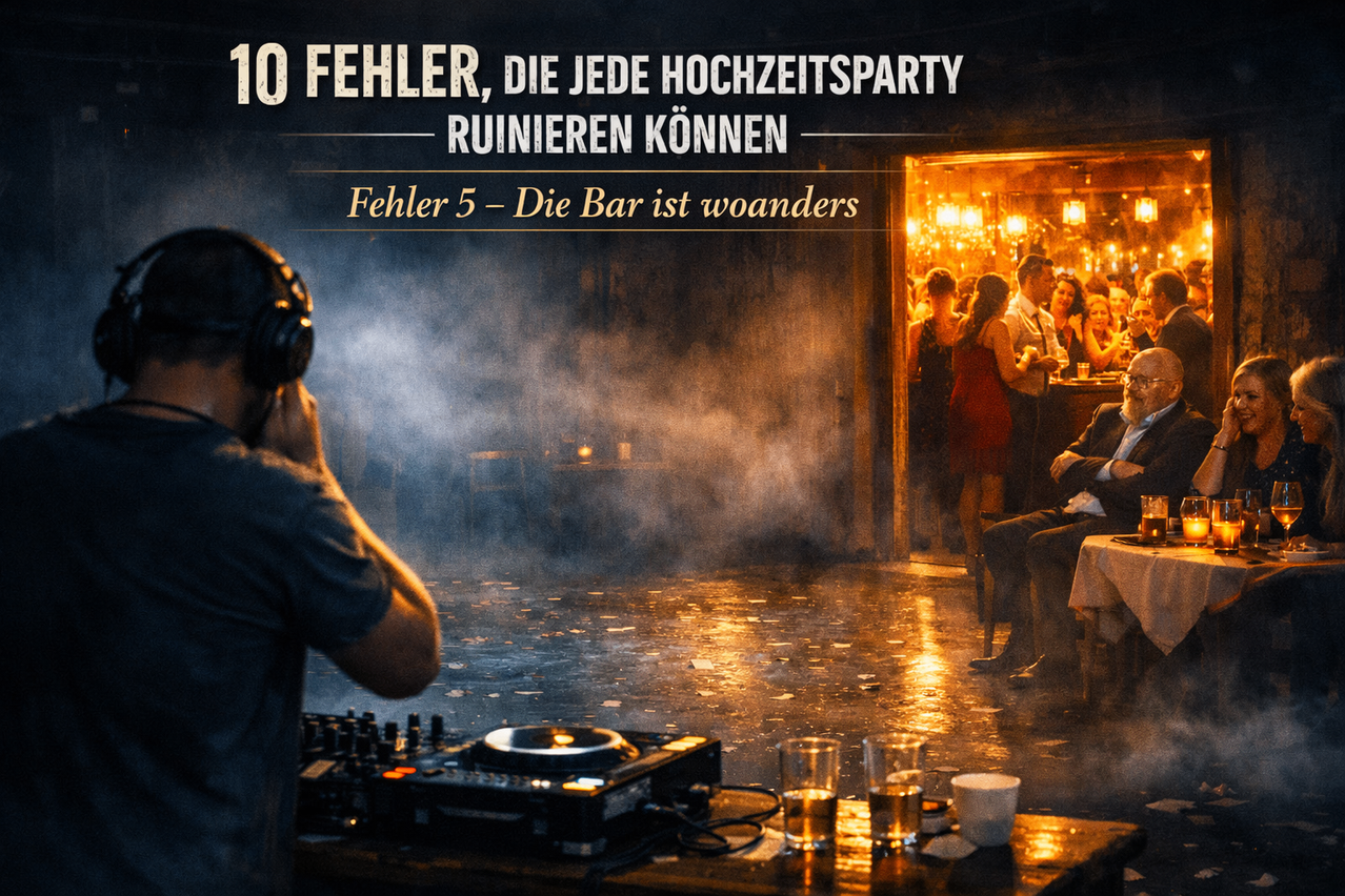 Ein DJ spielt Musik auf einer Party. Der Veranstaltungsort hat eine rauchige Atmosphäre. Gäste sitzen und stehen im Hintergrund. Der Text lautet: '10 Fehler, die jede Hochzeitsfeier ruinieren können. Fehler 5 - Die Bar ist woanders.'