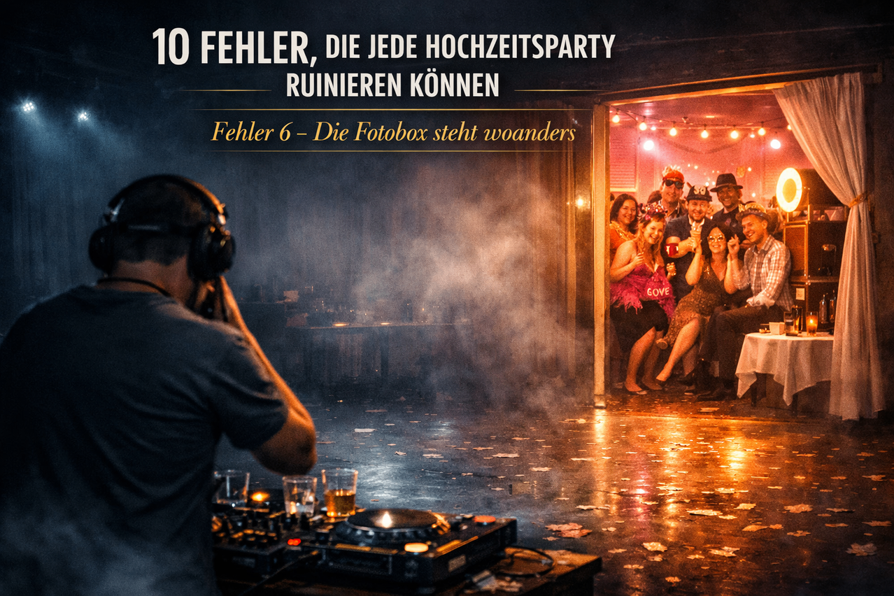 Ein Mann, der bei einer Hochzeitsfeier als DJ auflegt, mit einem Fotoautomaten im Hintergrund mit Rauch. Der Text lautet: 10 Fehler, die jede Hochzeitsfeier ruinieren können. Fehler 6: Der Fotoautomat wandert.