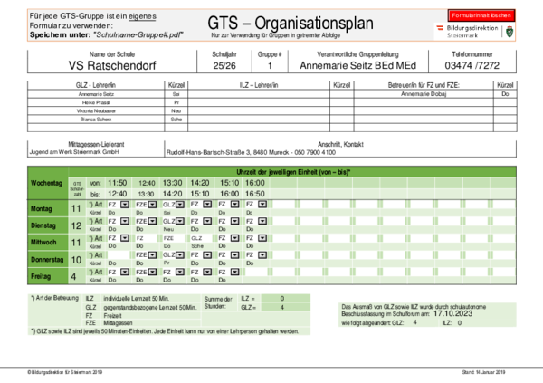Ein Dokument mit dem Titel GTS-Organisationsplan bietet eine Vorlage für die Gruppenplanung mit Zeitfenstern, Aktivitäten und Dauern für jeden Wochentag. Es enthält eine Tabelle mit Spalten für den Tag, die Aktivität, die Dauer und Anmerkungen. Das Dokument ist zum Herunterladen verfügbar.