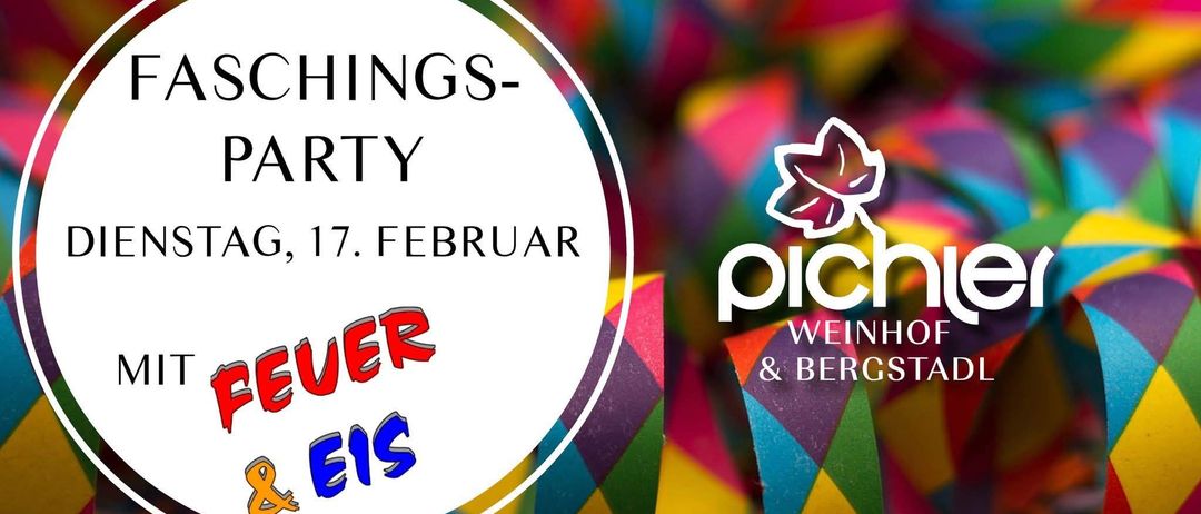 Ein Plakat für eine Weinparty mit dem Text 'Things-Party, 17. Februar' und 'Never Eis' in Rot geschrieben. Der Hintergrund ist farbenfroh mit einem Logo, das eine Blume zeigt.