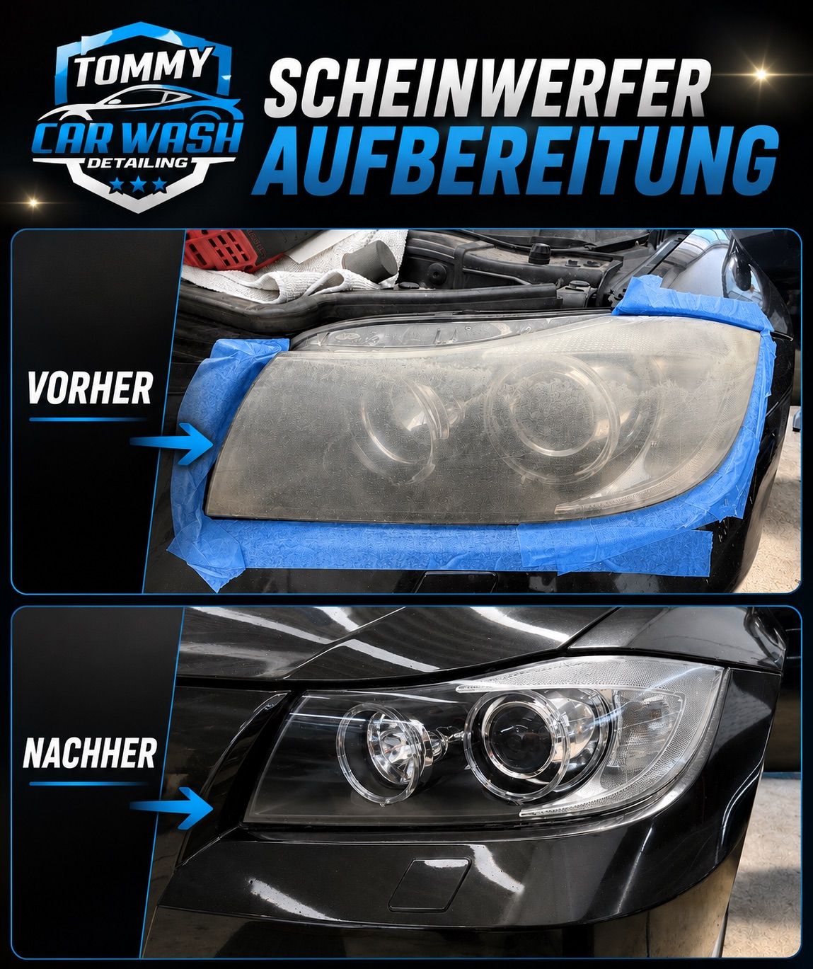 Zwei Bilder zeigen einen Autoscheinwerfer vor und nach der Aufbereitung. Das Vorher-Bild zeigt den Scheinwerfer mit Klebeband. Das Nachher-Bild zeigt den aufgehellten und polierten Scheinwerfer.