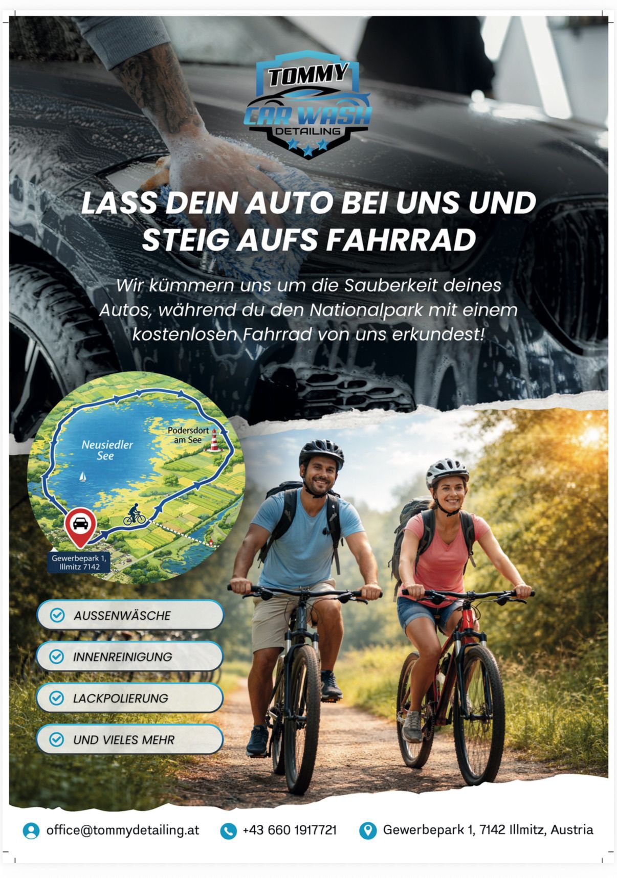 Eine Werbung mit einem Paar auf Fahrrädern, wobei im Hintergrund ein Auto detailliert wird. Der Text lautet: 'Lass uns deinen Wagen handhaben, während du den Nationalpark auf einem kostenlosen Fahrrad erkundest!'