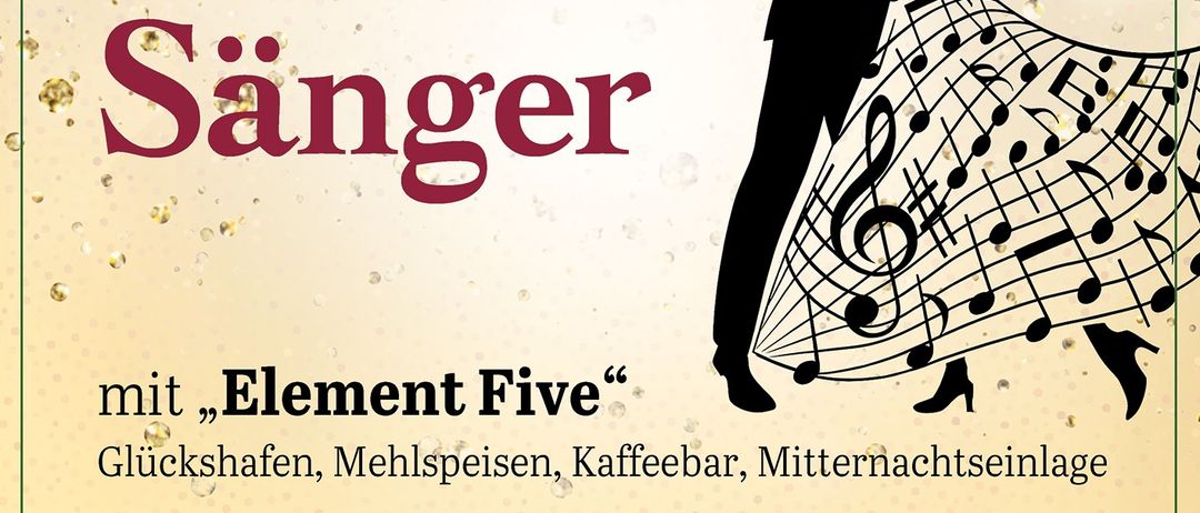 Plakat für den Ball der Sänger mit Element Five am Samstag, 31. Jänner 2026, Eröffnung um 20:30 Uhr im Pfarrheim Gnas. Mit Musik, Kaffeebar und Mitternachtseinlass.