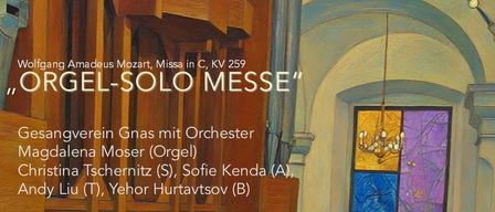 Ein Plakat für ein Ostersonntag-Event zeigt eine Kirchenorgel. Der Text kündigt Datum und Uhrzeit der Veranstaltung an. Das Orchester ist unten aufgeführt.