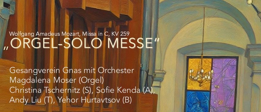 Ein Plakat für ein Ostersonntag-Event zeigt eine Kirchenorgel. Der Text kündigt Datum und Uhrzeit der Veranstaltung an. Das Orchester ist unten aufgeführt.