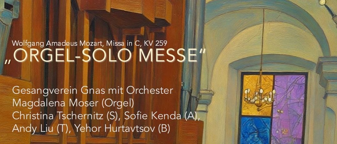 Ein Plakat für ein Ostersonntag-Event zeigt eine Kirchenorgel. Der Text kündigt Datum und Uhrzeit der Veranstaltung an. Das Orchester ist unten aufgeführt.