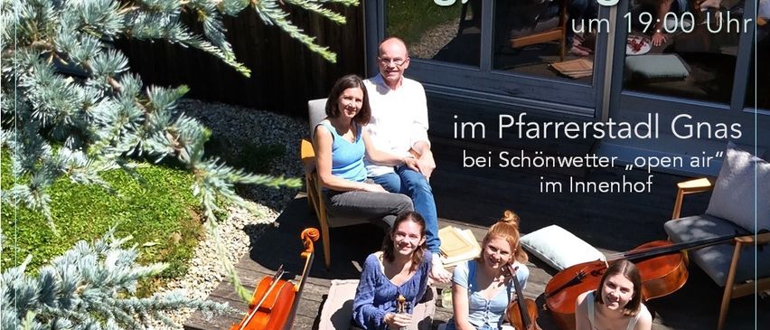 A poster for a summer concert featuring a family music group, 'Familienmusik Tropper,' playing classical, jazz, and pop music. The event is scheduled for August 2, 2026, at 19:00 in the Pfarrerstadl Gnas.