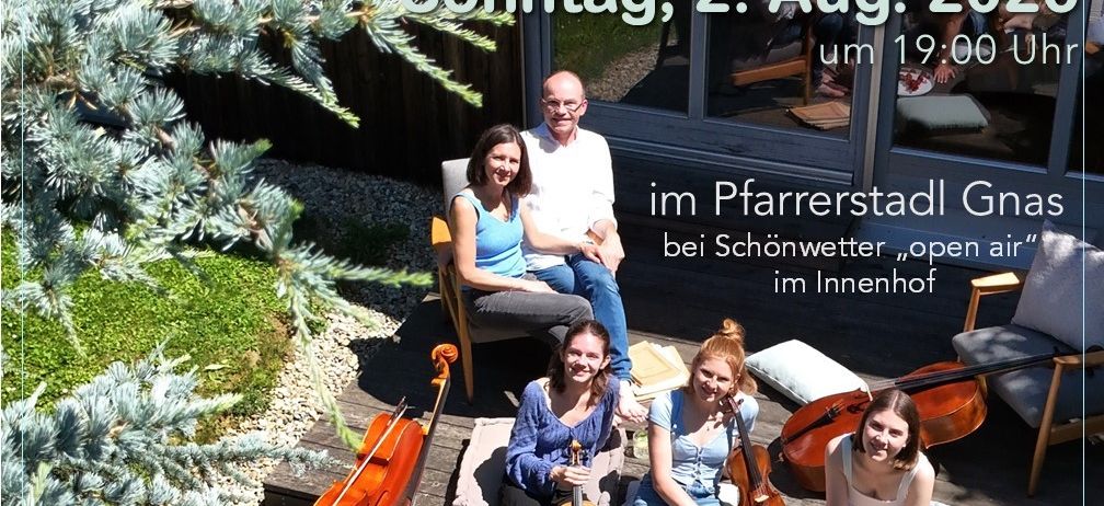 Ein Plakat für ein Sommerkonzert mit der Familienmusikgruppe 'Familienmusik Tropper,' die klassische, Jazz- und Popmusik spielt. Das Event findet am 2. August 2026 um 19:00 im Pfarrerstadl Gnas statt.