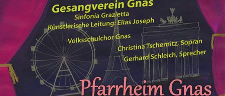 Plakat für ein Musikevent mit dem Gnas-Chor, mit einem Hintergrund eines Riesenrads und einer Bühne, zur Förderung einer Aufführung am 7. und 8. November 2026.