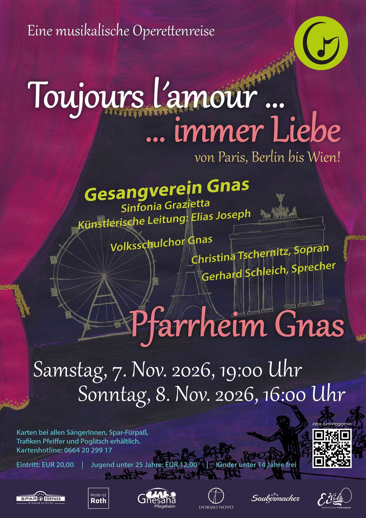 Plakat für eine Gesangsveranstaltung mit einem Chor, einem Riesenrad und einer Silhouette einer Person. Die Veranstaltung trägt den Titel 'Pfarrheim Gnas' und ist für den 7. und 8. November 2026 geplant.
