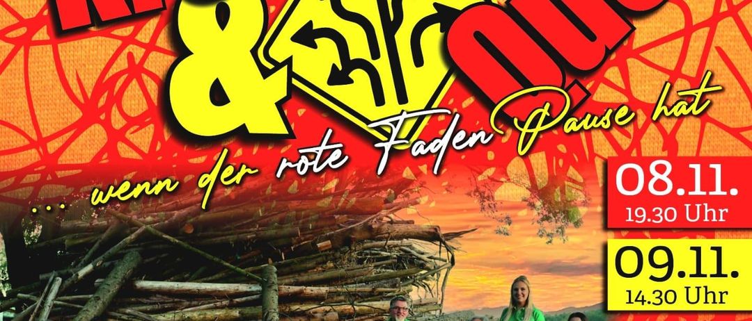 Ein Poster mit dem Text 'Kreuz & Quer präsentiert von Dorf' zeigt eine Gruppe von Menschen in grünen Shirts. Die Daten und Zeiten sind rechts aufgeführt, mit einem Bild von Holz im Hintergrund.