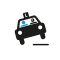 Ein Auto mit einem L-Schild oben hat einen Fahrer und einen Passagier im Inneren. Das Auto scheint sich vorwärts zu bewegen.